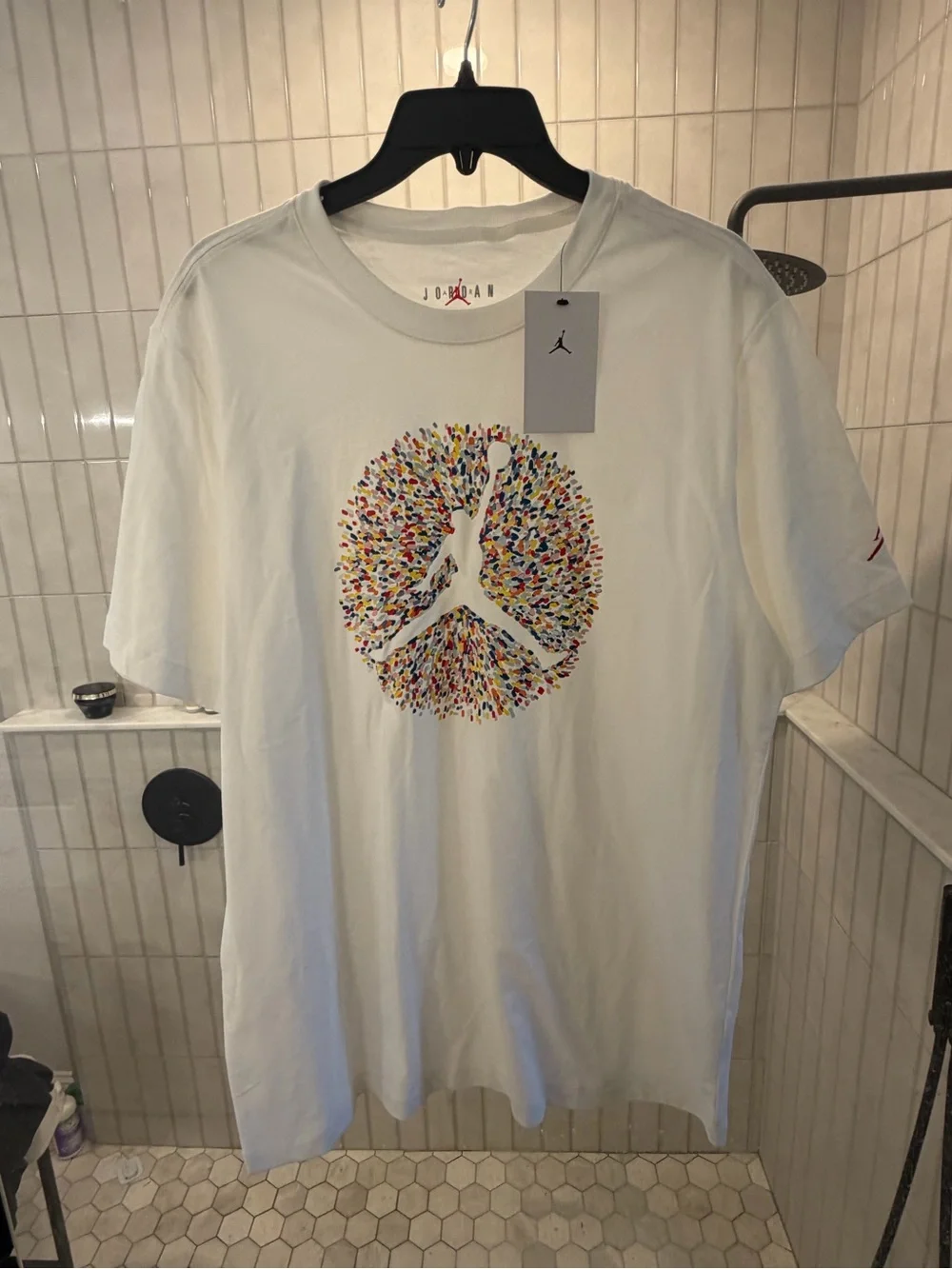 Jordan White Short Sleeve Tee with Multicolor Jumpman Emblem